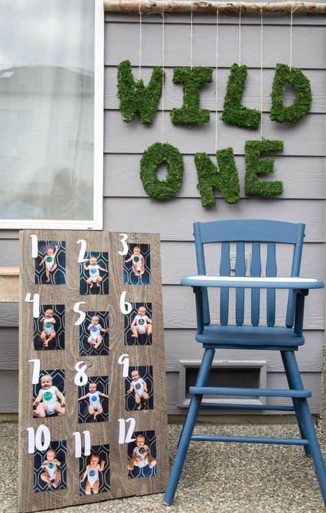 love this first birthday photo board First Birthday Monthly Picture Display, Birthday Pictures Ideas, Cake Backdrop, Adventure Birthday Party, Moss Letters, Adventure Party, Backdrop Diy, Wild One Birthday Party, Party Confetti