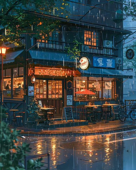 Lofi Cafe Aesthetic, Lofi Coffee, Rainy Nature, Abstract Scenery, Wet Pavement, Architecture Series, Perfect Cup Of Coffee, Rain Wallpapers, Dreamy Artwork