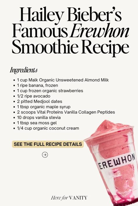 Learn how to make Hailey Bieber's go-to Erewhon smoothie at home! This recipe is packed with skin-loving ingredients for a glowing complexion. Hailey Bieber Recipes, Erewhon Smoothie Recipes, Skin Smoothie Recipes, Strawberry Glaze Smoothie, Erewhon Recipes, Hangover Smoothie, Hailey Bieber Smoothie, Erewhon Smoothie, Aesthetic Sleep