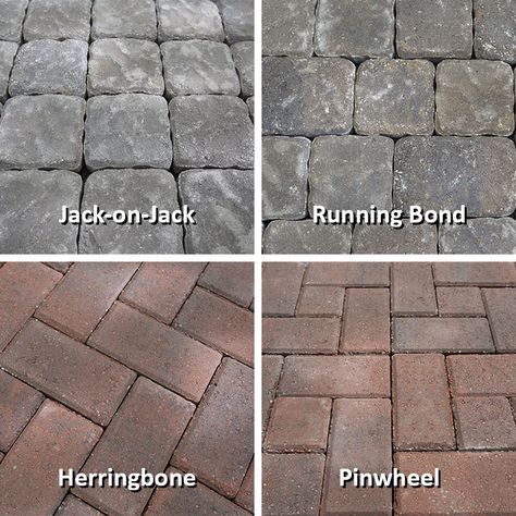 Jack-on-Jack, Running Bond, Herringbone and Pinwheel Paving Stone Patterns. Walkway Pattern, How To Lay Pavers, Patio Blocks, Paver Patterns, Diy Patio Pavers, Brick Paver Patio, Fire Pit Materials, Paver Designs, Patio Pavers Design