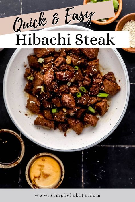 Hibachi Steak is juicy, tender, and flavorful pieces of sirloin steak. It's made with a few ingredients including a tasty marinade, making it a quick and easy recipe that's perfect for a delicious weeknight-friendly dinner at home. simplylakita.com #hibachisteak Hibachi Steak Recipe, Blackstone Hibachi, Sirloin Recipes, Hibachi Steak, Hibachi Recipes, Leftover Steak, Easy Steak Recipes, Easy Steak, Sirloin Steak