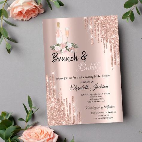 $2.82 | Rose Gold Drips Brunch & Bubbly Bridal Shower - wine bottle, wine glass, wine tasting, cheers to love, floral, watercolor, brunch, glitter, drips, rose gold 1st Wedding Anniversary Quotes, 1st Wedding Anniversary Gift For Him, Wine Bridal Shower Invitations, Wedding Anniversary Quotes, Bridal Shower Wine, Addressing Wedding Invitations, Brunch Bubbly, Cheap Wedding Invitations, Bridal Shower Brunch