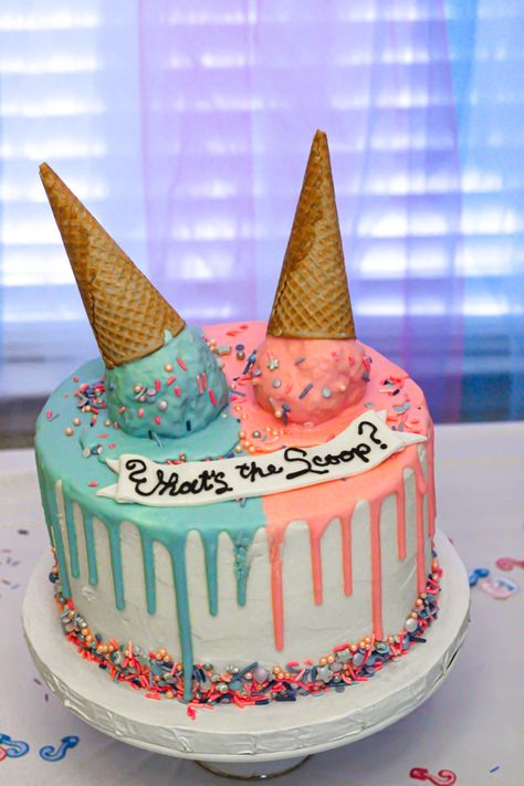 Ice Cream Cake Gender Reveal, Ice Cream Cone Gender Reveal, Gender Reveal Theme For Twins, I’ve Cream Gender Reveal, Ice Cream Theme Gender Reveal Ideas, Ice Cream Scoop Gender Reveal, Gender Reveal Ice Cream Cake, Ice Cream Themed Gender Reveal Party, Whats The Scoop Gender Reveal Cake