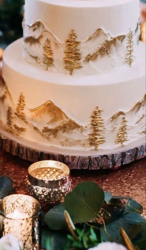 Aspen Wedding Cake, Nature Themed Wedding Cakes, Wedding Cakes Forest Theme, Pine Tree Wedding Cake, Mountain Wedding Cake Topper, Mountain Themed Wedding Centerpieces, Mountain Wedding Cake Ideas, Forest Cake Wedding, Winter Themed Wedding Cakes