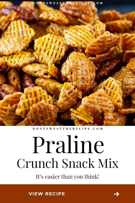 This Praline Crunch Snack Mix recipe is the perfect balance of salty, sweet, and crunchy! Not to mention it's extremely addictive. Beware! #praline #southern #snacks #recipe #pecan Chex Mix Pecan Praline, Chex Mix Recipes With Pecans, Praline Mix Recipe, Crispix Pecan Praline, Sweet And Salty Texas Trash, Chex Mix With Pecans, Pecan Chex Mix Recipes, Chex Mix Praline Crunch, Praline Chex Mix Recipe