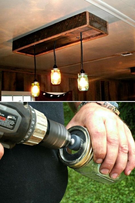 Nice tutorial from Tom and Jolynn on their West Virginia Mountain blog to make your own Mason Jar pendant lighting chandelier made from old barn wood ! #chandelier #diylighting #handmadelighting #lamp #lightfixture #lighting #lightingdesign #masonjars #pendantlamp #recycle #tutorial #woodlamp #woodworking Mason Jar Pendant Light, Wood Lamp Base, Mason Jar Lights, Mason Jar Light, Bathroom Jars, Outdoor Lighting Design, Jar Chandelier, Mason Jar Chandelier, Diy Outdoor Lighting