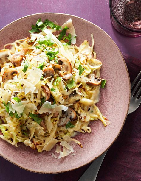 cabbage-alfredo-mushrooms-RU347955 Alfredo With Mushrooms, Cabbage Alfredo, Bacon Wrapped Beef, Veggie Noodle, Shredded Cabbage, Gluten Free Dishes, Veggie Noodles, Vegetarian Cabbage, Midwest Living