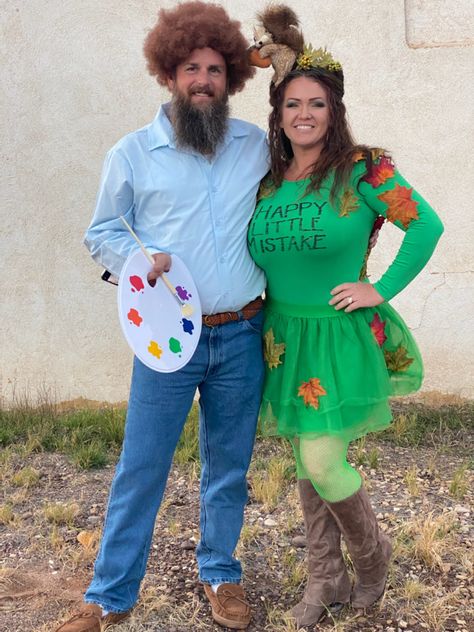 Bob Ross Trunk Or Treat, Happy Little Tree Costume, Bob Ross Couple Costume, Bob Ross Halloween Costume, Bob Ross Costume, 80s Party Decorations, Tree Costume, Halloween Couples, Halloween Things