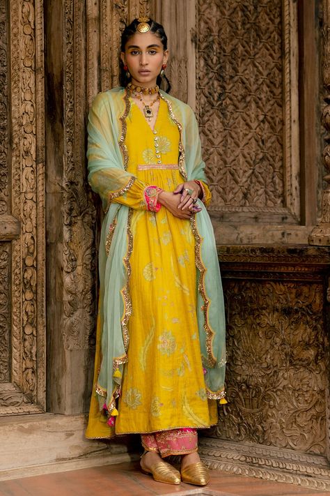 Shop for these amazing collections of Yellow Anarkali: Chanderi Tissue Printed And Embroidered Gathered Set For Women by Rajiramniq online at Aza Fashions. Yellow Suits Women Indian, Yellow Suit Indian, Tissue Anarkali, Gathered Anarkali, Yellow Anarkali Suits, Floral Print Anarkali, Simple Suits, Yellow Anarkali, Blue Organza