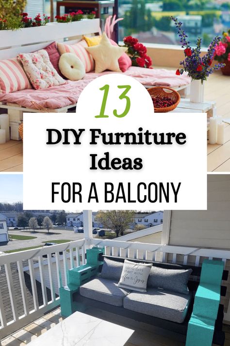 DIY outdoor furniture can be an ideal solution for balconies. There are plenty of restrictions related to balconies (such as access or weight limits) that we can solve with DIY furniture. So, to get you inspired, here are 13 DIY outdoor furniture ideas that are perfect for a balcony. Diy Pallet Balcony Furniture, Small Balcony Couch, Diy Balcony Seating, Diy Patio Furniture Ideas On A Budget, Diy Balcony Bench, Diy Balcony Furniture, Porch Furniture Diy, Balcony Hacks, Balcony Seating Ideas