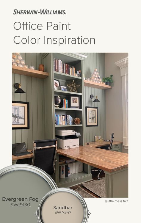 Green Paint Office Design, Sw Retreat Paint Office, Evergreen Fog Office Cabinets, Evergreen Fog Paint Strip, Pine Needle Paint Color, Painting Home Office Walls Ideas, Office Color Paint, Office Paint Colors No Windows, Home Office Paint Ideas Cozy