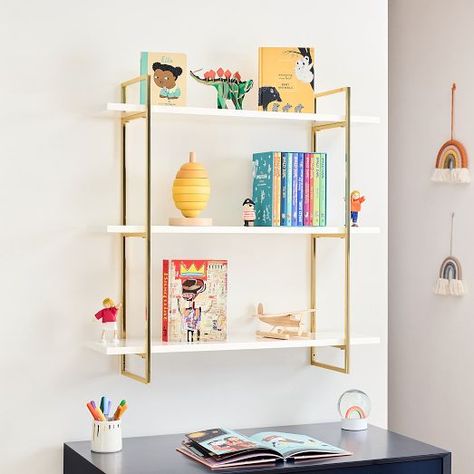 Kids Room Decor & Accessories | West Elm Gold Wall Shelf, White And Gold Wall, Big Kids Playroom, Street Room, Kid Playroom, Glass Bathroom Shelves, Gold Shelves, Pinterest Room, Shelf Cover