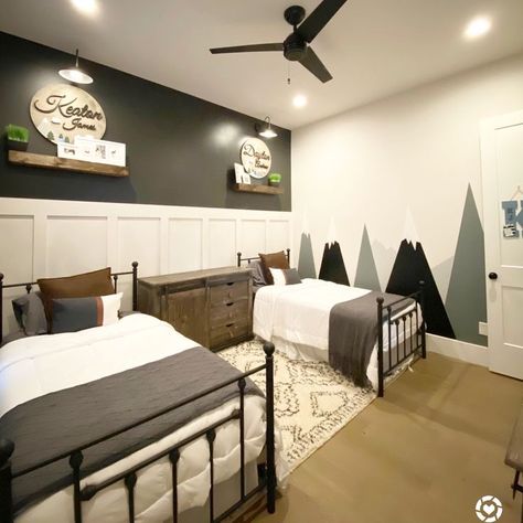 Brothers Room Ideas Shared Bedrooms Bunk Bed, Sons Room Ideas, Room For 2 Brothers, Bedroom Ideas For 2 Brothers, Unique Shared Bedroom Ideas, Double Twin Beds Boys Room, Brother Rooms Shared, Bedroom For Brothers, 2 Twin Beds In One Room Ideas Aesthetic