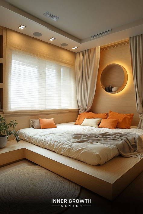 A serene bedroom with a low platform bed, warm lighting, and minimalist decor for meditation and rest. Tranquil Bedroom Ideas, Bed Rooms Ideas, Low Window, Peaceful Meditation, Bedroom Arrangement, Peaceful Bedroom, Tranquil Bedroom, Calming Bedroom, Sleep Environment