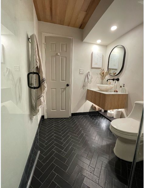 Black Bathroom Tile Floor, Brick Bathroom Floor, Black Bathroom Floor, Brick Bathroom, Black Tile Bathrooms, Black Floor Tiles, Wine Cave, Fireclay Tile, Hallway Bathroom