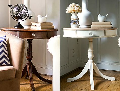 Drum Table Makeover Drum Table Makeover, Shabby Chic Ornaments, Armoire Makeover, Furniture Makeover Ideas, Amy Howard, Chalk Paint Ideas, Drum Table, Chalk Painting, Round Tables