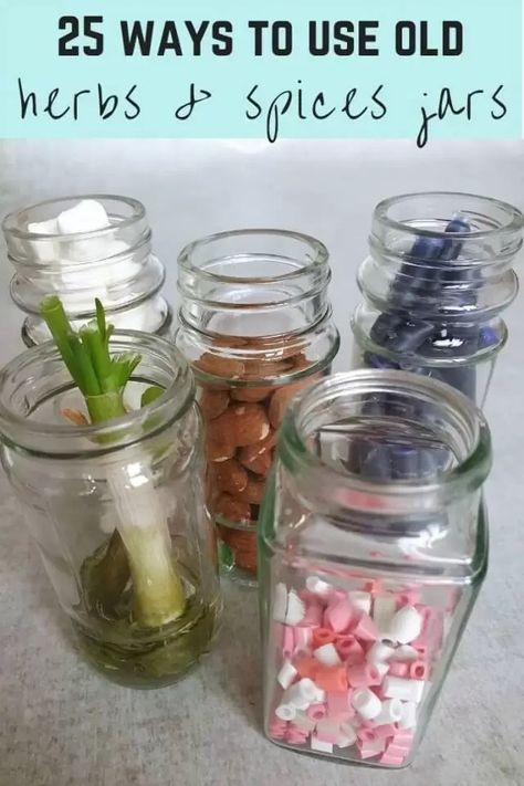 Tips on how to euse glass jars like those from herbs and spices, around the home, for stationery storage, growing veg scraps, food storage or little flower bunches. Here's 23 ways to repuprpose them #reuse #repurpose #glassjars Recycled Spice Jars, Repurpose Spice Bottles, Recycled Pickle Jars, Spice Bottles Repurposed, Spice Jar Upcycle, Glass Spice Jars Ideas, Spice Jars Ideas Diy, Reuse Spice Jars, Repurpose Spice Jars