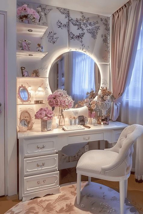 Room Decor Dressing Table, Aesthetics Bedroom Ideas, Vanity Setup In Bedroom, Room With Vanity, Vanity Room Ideas, Vintage Vanities, Aesthetic Vanity, Aesthetic Table, Makeup Beauty Room