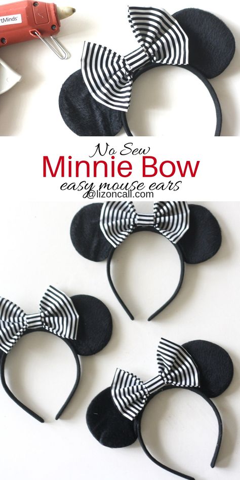 Mickey Ear Bow Diy, Mickey Ears Diy Ideas, No Sew Minnie Ears, No Sew Disney Ears, Diy Disney Bows, Diy Minnie Mouse Ears No Sew, No Sew Mickey Ears Diy, How To Make Minnie Mouse Bow, How To Make Minnie Mouse Ears