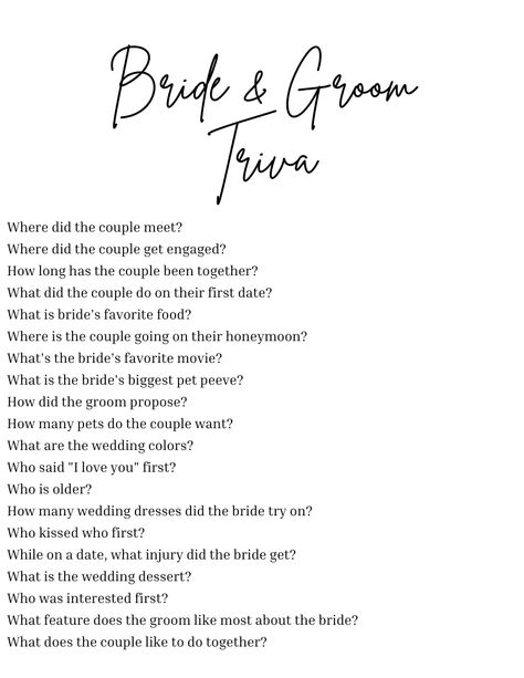 Fun Facts About Bride And Groom Ideas, Groom Games Wedding Parties, Bridal Shower Games Bride Or Groom, Him Vs Her Bridal Shower Game, Bridal Shower Games Questions For Groom, Groom Knows Bride Game, Wedding Shower Jeopardy Questions, Facts About The Bride And Groom, Wedding Games For Small Wedding