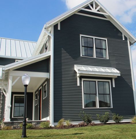 Wood Awnings, Hardy Siding, Siding Inspiration, Galvanized Roof, Metal Roof Houses, Siding Ideas, Gray House Exterior, Hardie Siding, Gray House