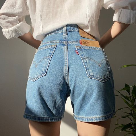 ~ Waist: 30” (15” Across) ~ Rise: 11” ~ Hips: 18.5” Across ~ Inseam: 4” (Modest!) ~ Leg Opening: 11” Across ~ Marked As A Junior Size 7 ~ 100% Cotton, Non Stretch Denim These Vintage Levi’s Are From The 1980s. They Feature A High Waist, Five Pocket Body And Are A Bermuda Length. The Color Is A Rich Stone Wash Medium Blue And The Material Is Very Sturdy And Lightweight. The Shorts Are Brand New With Tags, Never Been Worn Accept For These Try On Pics. Levi Jorts, Patched Jeans Outfit, Levi's High Waist Blue Shorts, Long Denim Shorts Outfit, Levi’s Denim Shorts, Levi's High-waisted Light Wash Shorts, Levi's Blue Short Leg Shorts, Levi's High-waisted Relaxed Fit Shorts, Modest Shorts