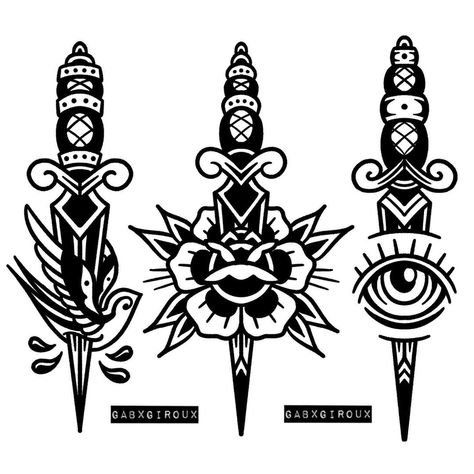 Traditional Dagger Tattoo, Traditional Tattoo Stencils, Gothic Tattoos, Traditional Black Tattoo, Traditional Tattoo Old School, Traditional Tattoo Inspiration, Traditional Tattoo Flowers, Traditional Tattoo Sleeve, Flash Tattoo Designs