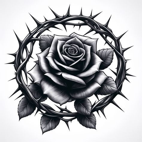 Rose Thorn Bush Tattoo, Rose Thorns Drawing, Jesus Thorn Crown Tattoo, Rose And Thorns Tattoo, Crown Of Thorns Drawing, Rose With Thorns Tattoo, Rose Thorn Tattoo, Flower Cross Tattoo, Sons Tattoo