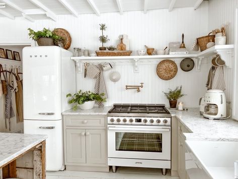 Winter Kitchen Decor, The Found Cottage, Winter Kitchen, Smeg Fridge, Retro Refrigerator, Smeg Appliances, Pantry Room, Liz Marie, Shelving Ideas