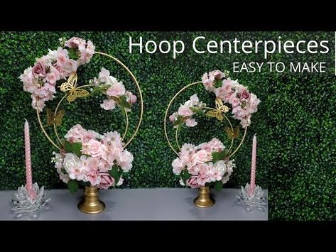 (201) DIY Hoop Wedding Centerpieces With Dollar Tree Candle Holder - YouTube Dollar Tree Ring Centerpiece, Diy Hoop Centerpiece Wedding, Hoop Floral Centerpieces, Gold Ring Centerpiece Diy, Ring Centerpieces Diy, Dollar Tree Flower Centerpieces, Hoop Centerpiece Diy, Dollar Tree Table Centerpiece, Centerpieces Dollar Tree