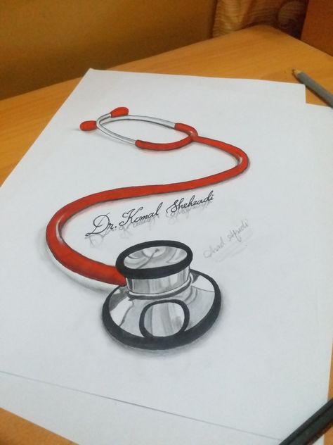 Thermocare Stethoscope / 3D Drawing / Artist Asad Afridi Stethoscope Drawing Art, Doctor Painting Art, Doctor Sketch Drawings, Stethoscope Painting, Doctor Drawing Medical, Doctor Art Drawings, Doctor Sketch, Stethoscope Art, Stethoscope Drawing