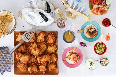 How to Host a Latke Bar Party with SoChatti Chocolate Latke Bar, Jewish Latkes, Chanukah Recipes, Hannukah Recipes, Eggplant Caviar, Matzah Ball Soup, Matzah Ball, Fullness Of Joy, Jewish Hanukkah