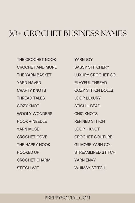 Looking for crochet business names? Check out these 30+ incredibly fun crochet business names! Aesthetic Crochet Business Names, Crochet Business Idea, Crochet Business Name Ideas, Crochet Page Name Ideas, Beads Business Names, Starting A Crochet Business, Logo For Crochet Business, Crochet Shop Name Ideas, Crochet Buissnes Idea