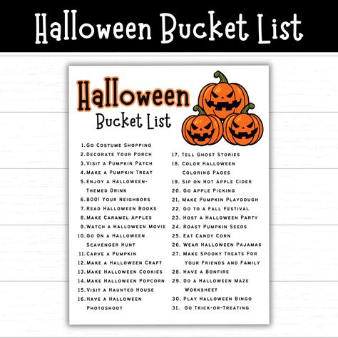 Spooky-Fun Printable Halloween Bucket List for Kids and Families! 🎃👻 Unveil the magic of the Halloween season with this kid-friendly Halloween Bucket List! Perfect for young ghouls and goblins who are eager to make the most out of the spookiest time of the year. Why this Halloween Bucket List stands out: Bright graphics that are bound to captivate your child's imagination and get them in the Halloween spirit. Wholesome Fun: From pumpkin carving to trick-or-treating, our bucket list ensures a wholesome seasonal experience, celebrating both classic and contemporary Halloween joys. Memory Making: Each activity is an opportunity to create lasting memories. Snap photos of each completed task and make a keepsake album of your little one's Halloween adventures. Interactive Design: Kids can cros Halloween Bucket List For Kids, 31 Days Of Halloween Activities, Fall Kids Activities, 31 Days Of October, October Bucket List, Halloween Bucket List, Interaktives Design, Bucket List Printable, Fall Activity