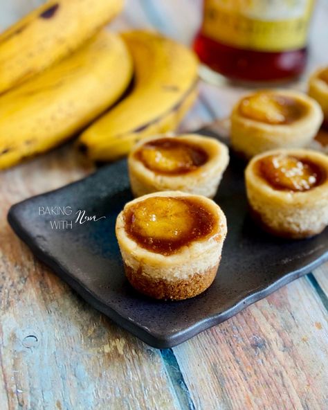 Banana Foster Mini Cheesecakes (Bataille Food #117) - Baking with Nessa Banana Foster, Louisiana Cuisine, Cheesecake Crust, Banana Cheesecake, Mini Bananas, Caramelized Bananas, Bananas Foster, Muffin Tray, Mini Cheesecakes