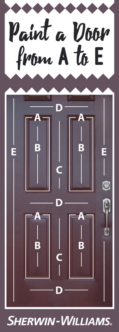 Looking for the best way to paint a beveled door? It’s easy! Start with Area A, using an angled brush to paint all recessed areas. To prevent brush marks on the larger, smooth areas of your door (B-E), line the recessed areas with painter’s tape. Next, move on to Area B, painting each subsequent area in alphabetical order. Use a brush or roller, making sure with each stroke that the fresh paint you are overlapping is still wet. This will help to avoid paint streaks. Entryway With Black Door, Bronze Front Door Paint, Modular Farmhouse, Thrifty Christmas, Chirstmas Decor, Door Painting, Trim Paint, Painting Instructions, Door Colors