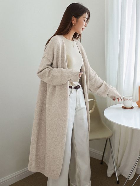 Apricot Casual Collar Long Sleeve Fabric Plain  Embellished Medium Stretch  Women Clothing Outfit With Long Cardigan, Cardigan Outfit Casual, Duster Cardigan Outfit, Outfits With Grey Cardigan, Duster Outfit, Long Cardigan Outfit, Long White Cardigan, Winter Mode Outfits, Long Grey Cardigan