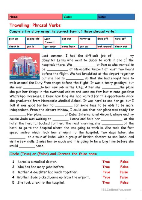 Travelling: Phrasal Verbs - English ESL Worksheets for distance learning and physical classrooms Travel Phrasal Verbs, Ielts Worksheets, Phrasal Verbs Worksheet, Esl Travel, Esol Worksheets, Kids Handwriting Practice, Life Skills Class, English Grammar Exercises, Esl Teaching Resources