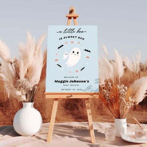 Little Boo Halloween Blue Baby Shower welcome sign Little Boo Is Almost Due, Spooky Signs, Halloween Baby Shower Theme, Pastel Blue Background, Shower Welcome Sign, Baby Shower Welcome Sign, Blue Baby Shower, Halloween Theme, Trick Or Treater