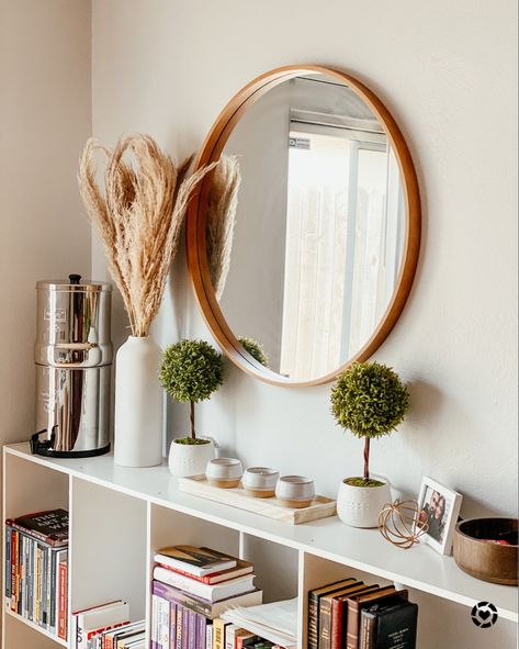 Mirror And Bookshelf, Mirror On Bookshelf, Bookshelf Mirror, Entrance Bookshelf, Farmhouse Apartment Decor, Bookshelf Corner, Low Bookshelves, Farmhouse Apartment, House Upgrades