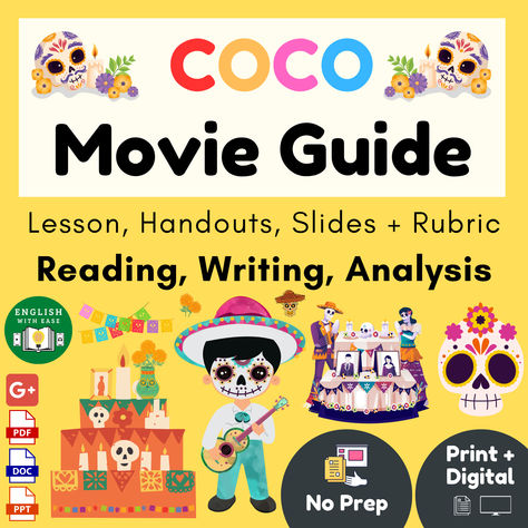 Coco Movie Guide Graphic Organizers, Reading Response and Writing! Enjoy a week of academically rigorous no prep film analysis lessons next week or save for Day of the Dead (Día de los Muertos). Want to analyze text structure, theme, sequence of events, characterization, conflict, plot, figurative language and more! 2 options: Choose between new LIVE ACTION feature length film or 6 minute Golden book read aloud video version. CLICK TO PREVIEW! Coco Movie Theme Classroom, Halloween Ela Activities, Movie Activities, Day Of The Dead Activities, Prep Classroom, Yoga Posters, Coco Movie, Mindfulness Activities For Kids, Film Analysis