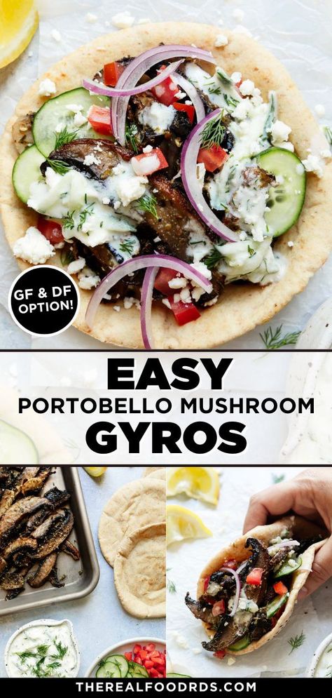 Mushroom Pita Recipes, Mediterranean Portobello Mushrooms, Portabella Vegan Recipes, Portobello Mushroom Tacos, Vegetarian Portobello Mushroom Recipes, Portabella Mushroom Sandwich Recipes, Veggie Gyro Recipe, Greek Mushrooms, Vegan Portobello Mushroom Recipes