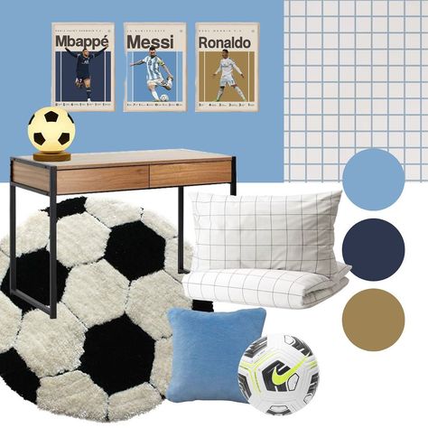 Football room Inspo ⚽️. Tom’s new bedroom is coming together nicely! Still waiting for some bits and pieces but it’s already looking so good. And who spotted 👀 something new in the mood board 🤩? . #soccerroom #footballroom #boysroom #boysroominspo #ronaldo #messi #mbappe #hunterandnomadrugs Soccer Room, Football Rooms, Come Together, Still Waiting, Something New, Boys Bedrooms, Boy's Room, Be Still, Room Inspo