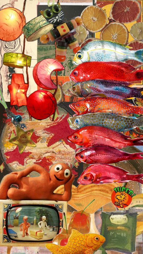 #orange #red #warmtones #fish #whimsical #eclectic #maximalism #stars Eclectic Maximalism, Collage Drawing, Wallpaper Iphone Summer, Sailor Moon Wallpaper, Collage Background, Maximalism, Cute Wallpaper Backgrounds, New Wallpaper, Public Art