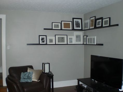 Picture Ledge Corner Wall, Corner Wall Art Ideas, Corner Shelf Ikea, Picture Rails, Shelf Side Table, Picture Ledges, Ikea Pictures, Gallery Shelves, Photo Ledge