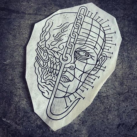 Pinhead Traditional Tattoo, Hellraiser Tattoo Stencil, Hellraiser Tattoo Design, Pinhead Hellraiser Tattoo, Hellraiser Tattoo Ideas, Pinhead Tattoo Design, Pin Head Tattoo, Hellraiser Drawing, Hell Raiser Tattoo