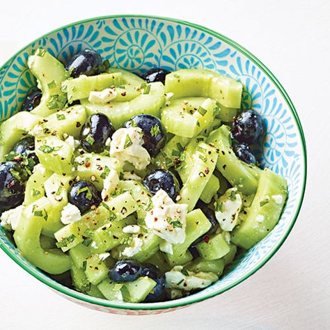 Cucumber, Blueberry and Feta Salad - Calories per Serving: 100, Makes: 8 cups, Active Time: 15 minutes, Total Time to Make: 15 minutes Blueberry Feta Salad, Cucumber Calories, Blueberry Feta, Feta Salad Recipe, Summertime Salads, Blueberry Salad, Feta Salad, Sauce Tomate, Summer Salads