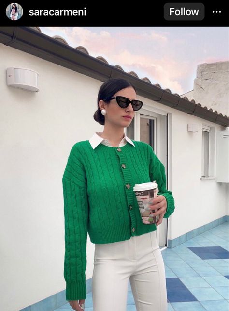 Cardigan Office Outfit, Cardigan Styling, Green Sweater Outfit, Dancers Outfit, Cold Outfits, Office Outfit, Green Cardigan, Cable Knit Cardigan, Styling Ideas