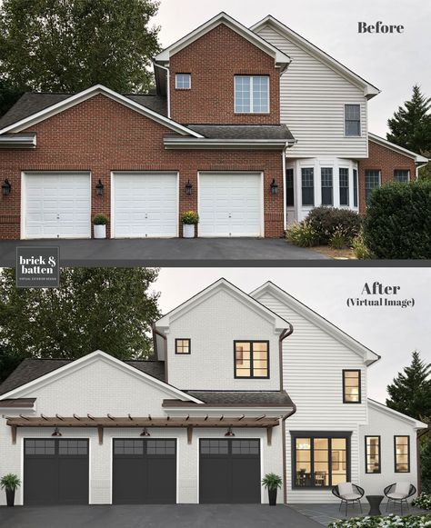 6 Tips for Choosing the Perfect Garage Door | Blog | brick&batten Painted Brick House, Home Exterior Makeover, Exterior Renovation, Best Paint, Brick Exterior House, Exterior Makeover, Modern Farmhouse Exterior, Best Paint Colors, Exterior Remodel