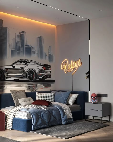 Instagram Study Ledge, Boys Room Cars, Boys Car Bedroom, Modern Boys Rooms, Cars Bedroom Decor, Teenager Bedroom Design, Luxury Kids Bedroom, Kids Bedroom Boys, Industrial Modern Design